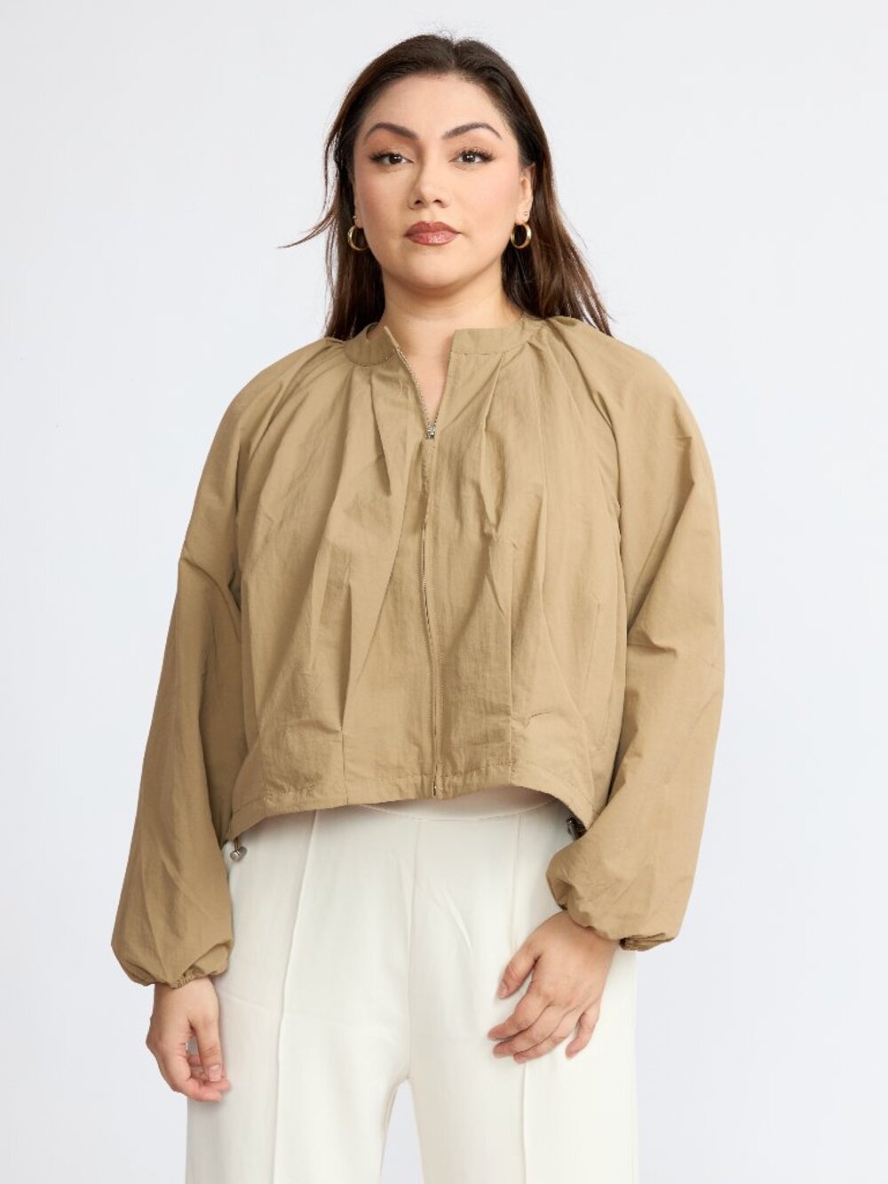 Women's Cropped Bomber Jacket, Lightweight Zip-Up Balloon Sleeve -Camel Brown